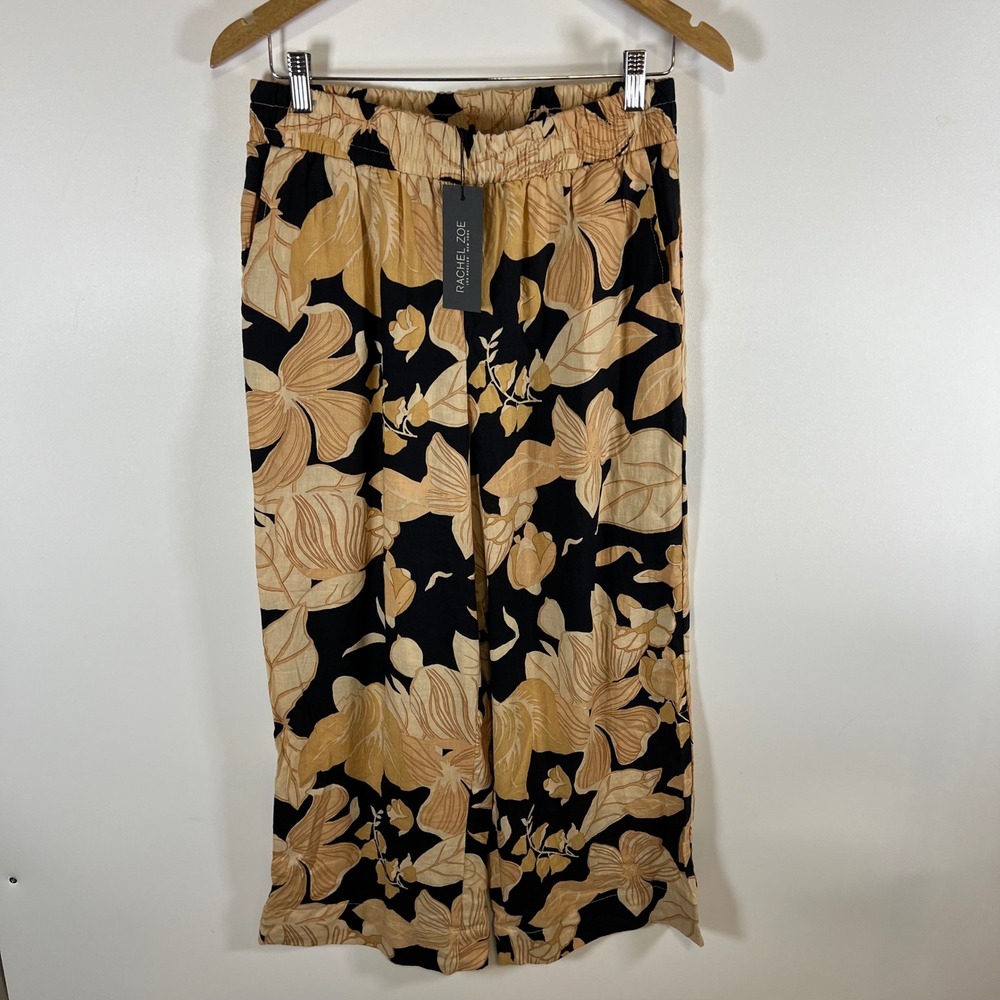 Rachel Zoe Women Floral Wide Leg Pants Linen Blend Elastic Waist Tan Black M NWT